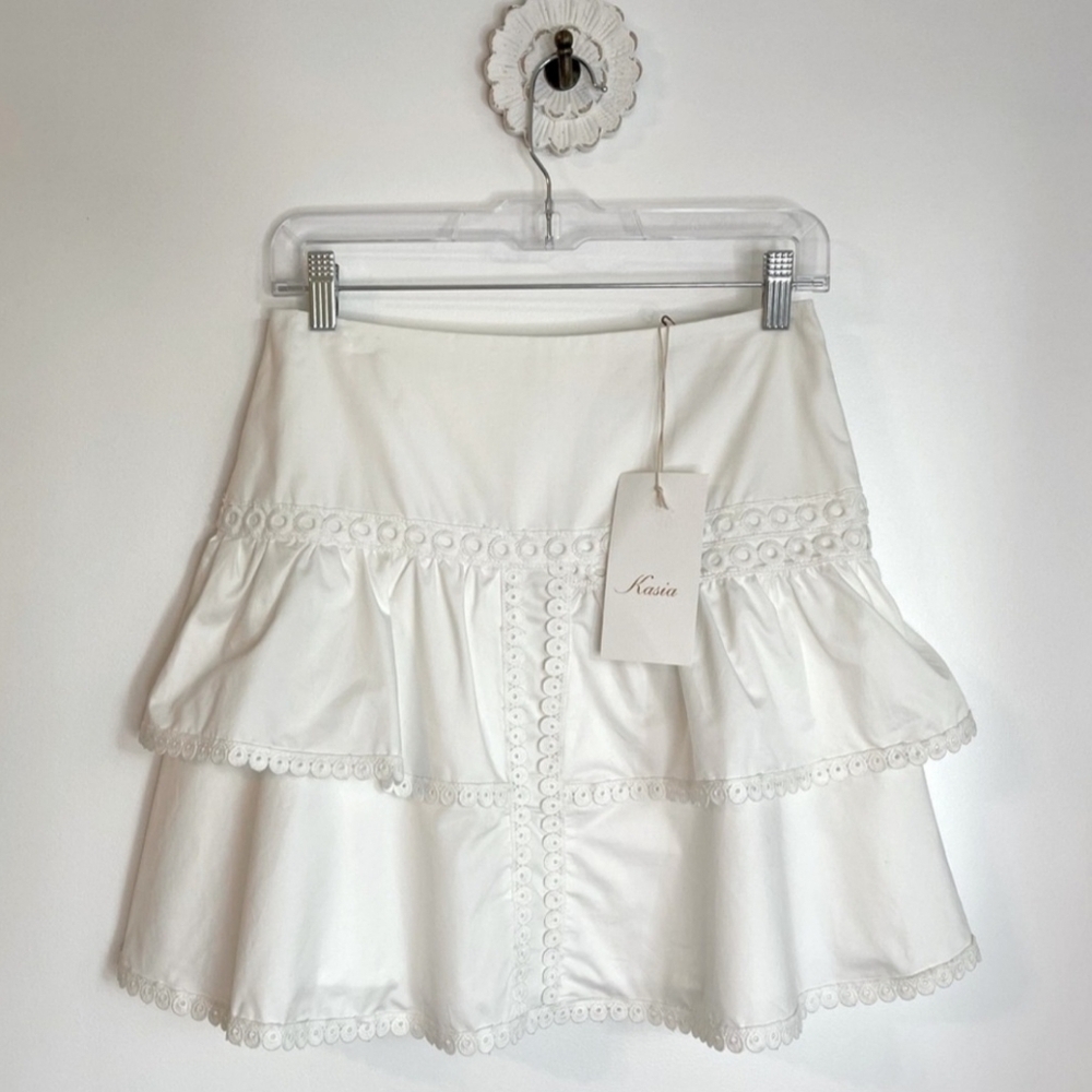 Kasia by Anthropology White Cotton Tiered Ruffled Mini Skirt, Small - Picture 1 of 7